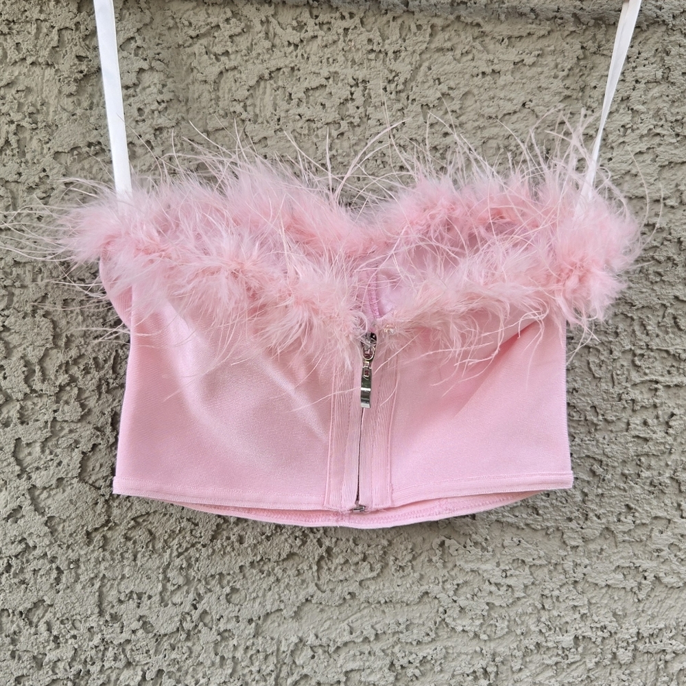 superdown Pink Feather Trim Strapless Crop Top - Picture 7 of 13